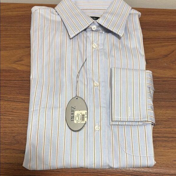 NWT Zanella Mens Shirt Blue Tan Stripe Long Sleeve Button Up w/French Cuff. - Picture 2 of 10